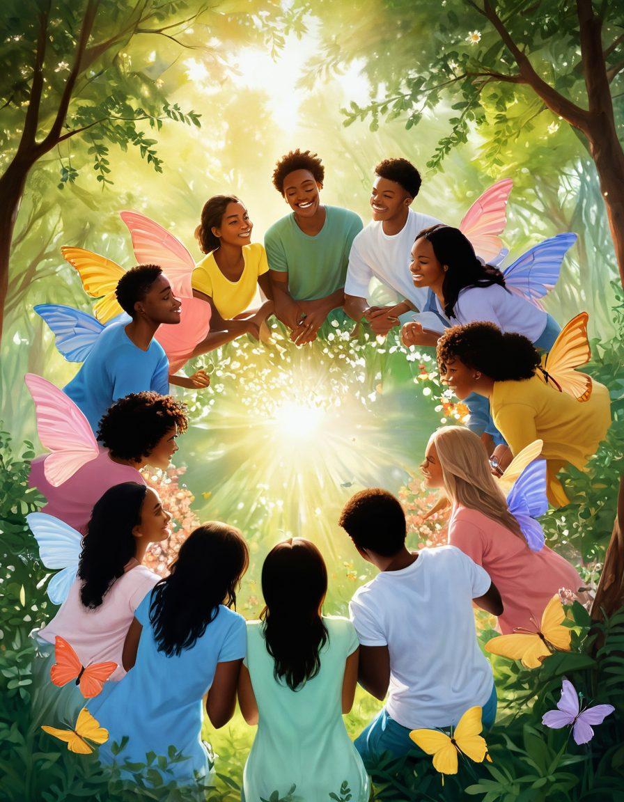 A serene and warm scene depicting a diverse group of people embracing each other in a circle, radiating luminous heart shapes around them, symbolizing self-love and tenderness in relationships. Soft pastel colors dominate the image, with gentle sunlight filtering through trees in the background, creating a peaceful atmosphere. Nature elements like flowers and butterflies add a touch of softness and beauty. super-realistic. vibrant colors. soft focus.
