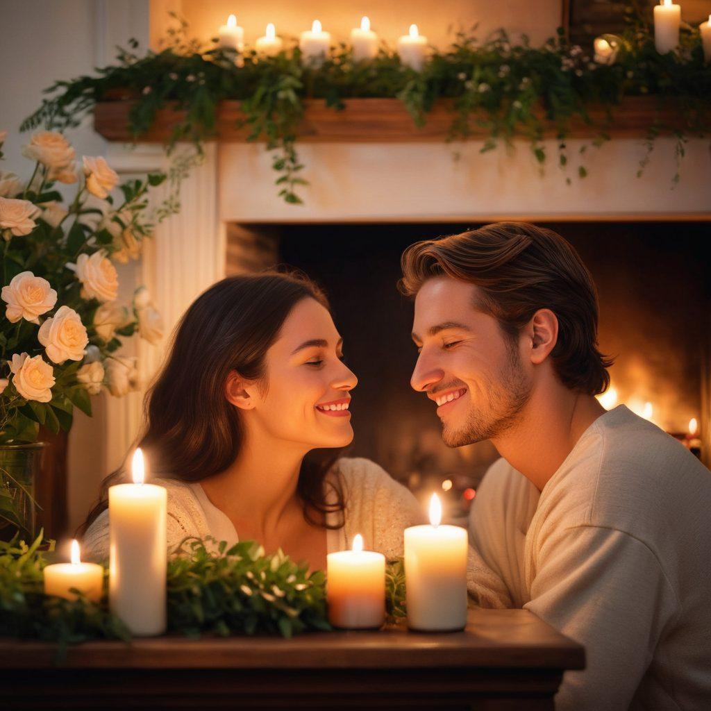A warm and intimate scene of two figures by a softly glowing fireplace, surrounded by flickering candles, showcasing deep eye contact and genuine smiles, symbolizing connection and romance. The background is filled with lush greenery and delicate flowers, evoking a sense of tranquility and authenticity in love. soft lighting. vibrant colors. super-realistic.